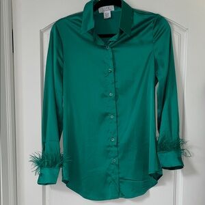 Elegant Green Satin Button Down Shirt with Feather Cuffs